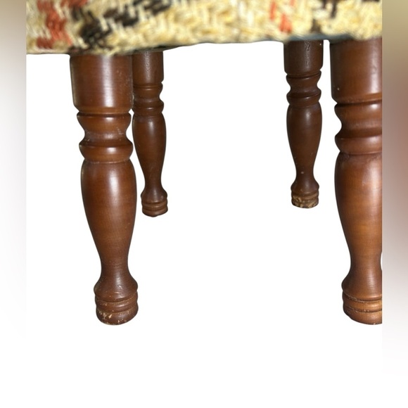 SOLD ❤️ Mid Century CRAWFORD Vintage Plaid Footstool Tan Orange Brown + Wooden - Picture 2 of 10